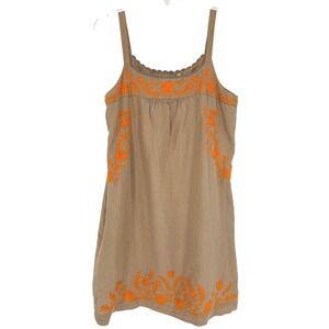 Lucky Brand Floral Embroidered Boho Tank Dress Linen Cotton Blend Tan Orange M